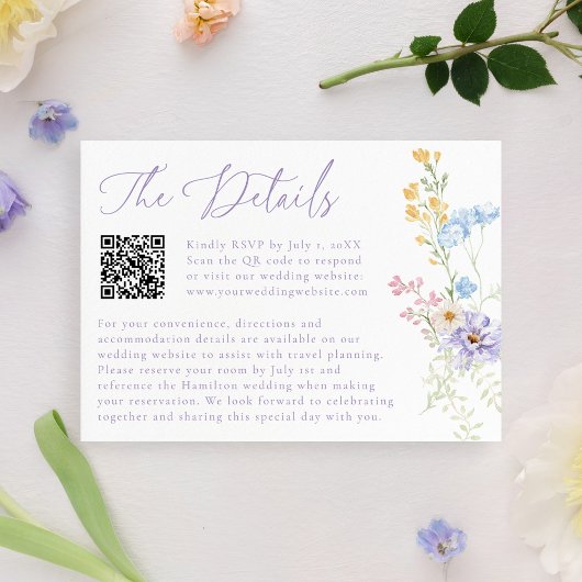 Elegant Pastel Wildflower QR Code Wedding Details Informatiekaartje