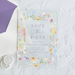 Elegant Pastel Wildflower Wedding Save the Date Acryl Uitnodigingen<br><div class="desc">Announce your upcoming wedding with this elegant acrylic save the date featuring a romantic watercolor floral frame in soft shades of pink, blue, yellow, and lavender with delicate greenery. The botanical design forms a graceful border around the wording, while the clear acrylic material creates a modern and sophisticated presentation that...</div>