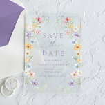 Elegant Pastel Wildflower Wedding Save the Date Acryl Uitnodigingen<br><div class="desc">Announce your wedding with this elegant pastel wildflower acrylic save the date featuring delicate watercolor floral arrangements bordering each side in soft shades of purple, pink, yellow, blue, and white with light greenery. The graceful botanical design pairs beautifully with lavender purple lettering that highlights your names, wedding date, and location....</div>