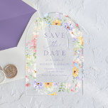 Elegant Pastel Wildflower Wedding Save the Date Acryl Uitnodigingen<br><div class="desc">Announce your wedding with this elegant pastel wildflower arch acrylic save the date featuring a romantic watercolor arch floral frame in soft shades of purple, pink, yellow, blue, and white with delicate greenery. The clear acrylic background gives the design a modern and refined look, while white lettering highlights your names,...</div>