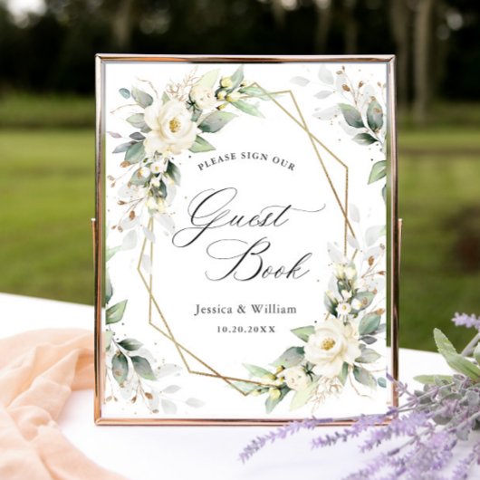 Elegant Pastel Witte Rozen Aanmeldboek Poster