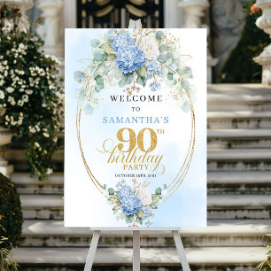 Elegant Pastelblauw Bloemengoud 90ste Verjaardag W Poster
