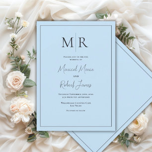 Elegant Pastelblauw Monogram Modern Trouwfeest Kaart