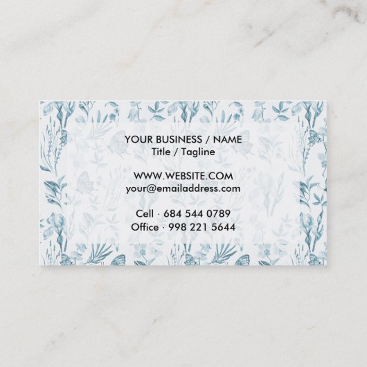 Elegant pastelblauw  vlinderbloemig visitekaartje (Achterkant)