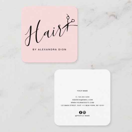 Elegant pastelroze en zwarte schaar vierkante visitekaartje (Voorkant / Achterkant)