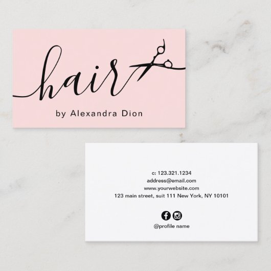 Elegant pastelroze en zwarte schaar visitekaartje (Voorkant / Achterkant)