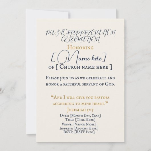 Elegant Pastor Appreciation Celebration Invitation Kaart (Voorkant)