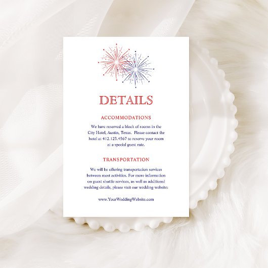 Elegant Patriotic Fireworks Wedding Guest Details Informatiekaartje
