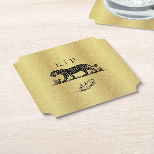 Elegant patroon Goud Zwart Monogram Kartonnen Onderzetters (Gekanteld)