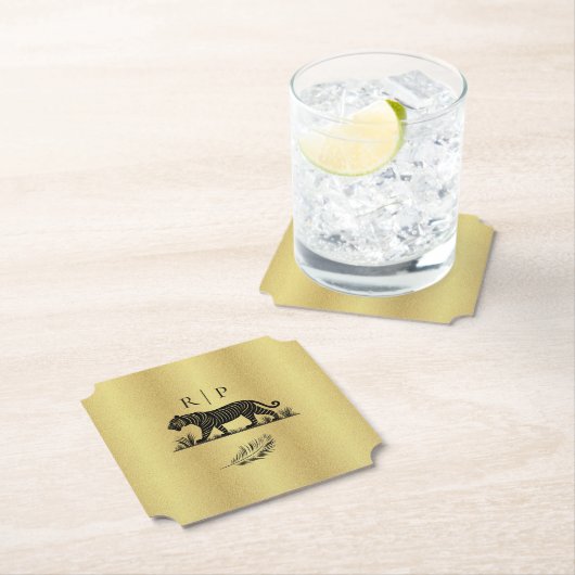 Elegant patroon Goud Zwart Monogram Kartonnen Onderzetters (Insitu)