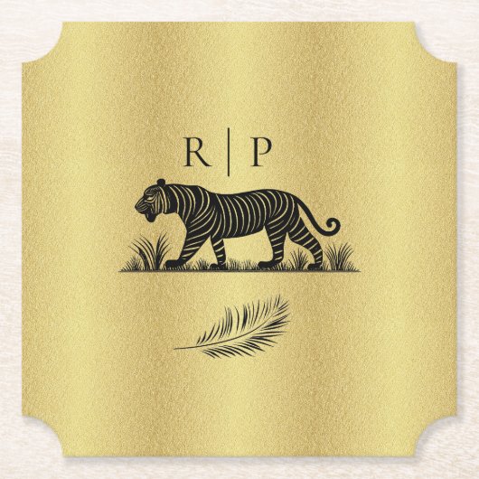 Elegant patroon Goud Zwart Monogram Kartonnen Onderzetters (Voorkant)