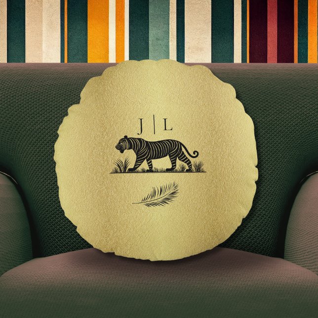 Elegant patroon Goud Zwart Monogram Rond Kussen (Creator heeft geüpload)