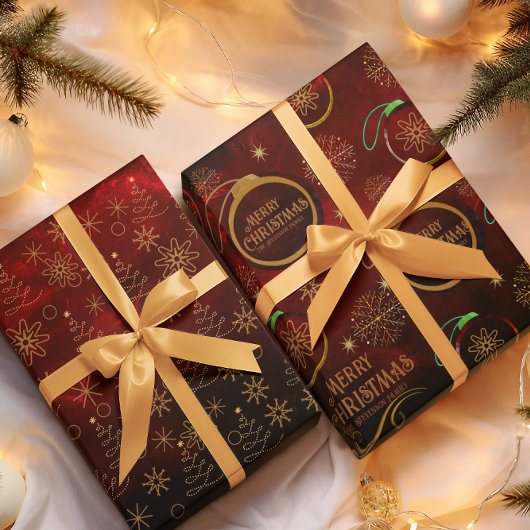Elegant patroon ROOD GOUD Vrolijk kerstfeest Inpakpapier Vel