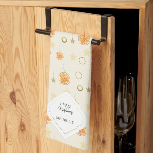 Elegant patroon sinaasappels en sterren op beige theedoek (Derde Gevouwen)