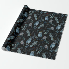 Elegant patroon van blauwe vogels, Planten op donk Cadeaupapier