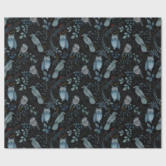 Elegant patroon van blauwe vogels, planten tegen e cadeaupapier (Vlak)