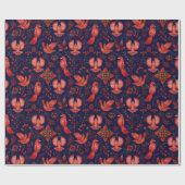 Elegant patroon van rode vogels, planten op blauw cadeaupapier (Vlak)