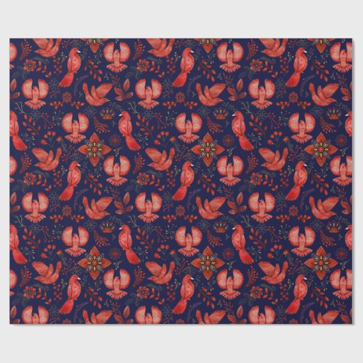Elegant patroon van rode vogels, planten op blauw cadeaupapier (Vlak)