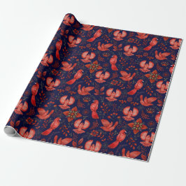 Elegant patroon van rode vogels, planten op blauw cadeaupapier