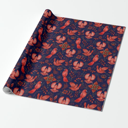 Elegant patroon van rode vogels, planten op blauw cadeaupapier (Uitgerold)