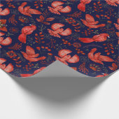 Elegant patroon van rode vogels, planten op blauw cadeaupapier (Hoek)