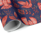Elegant patroon van rode vogels, planten op blauw cadeaupapier (Rol Hoek)