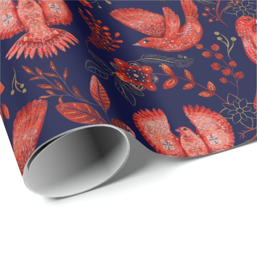 Elegant patroon van rode vogels, planten op blauw cadeaupapier (Rol Hoek)