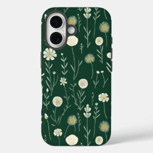 Elegant patroon van wilde bloemen op donkergroen iPhone 16 hoesje