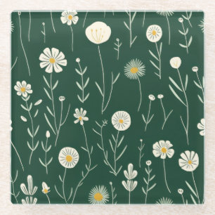 Elegant patroon van wilde bloemen op donkergroen glazen onderzetter