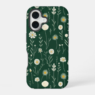 Elegant patroon van wilde bloemen op donkergroen iPhone 16 hoesje