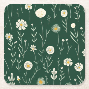 Elegant patroon van wilde bloemen op donkergroen kartonnen onderzetters