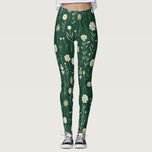 Elegant patroon van wilde bloemen op donkergroen leggings