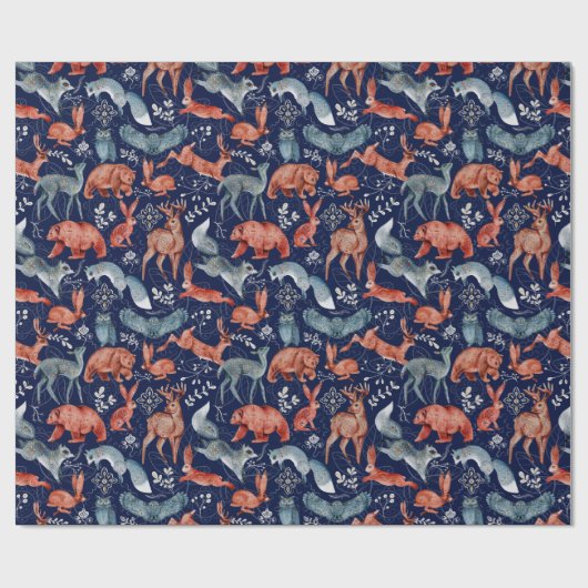 Elegant patroon van wilde bosdieren op blauw cadeaupapier (Vlak)