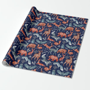 Elegant patroon van wilde bosdieren op blauw cadeaupapier