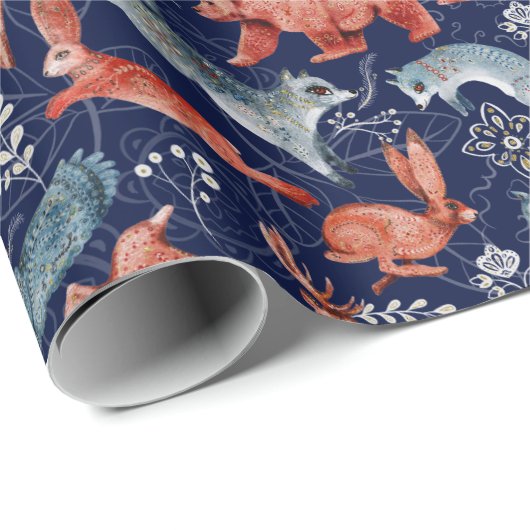 Elegant patroon van wilde bosdieren op blauw cadeaupapier (Rol Hoek)