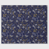 Elegant patroon van witte, gele Planten op blauw Cadeaupapier (Vlak)