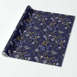 Elegant patroon van witte, gele planten op blauw cadeaupapier