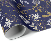 Elegant patroon van witte, gele Planten op blauw Cadeaupapier (Rol Hoek)