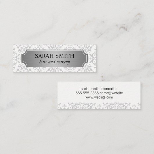 Elegant patroon / zilver metaal / wit mini visitekaartje (Voorkant / Achterkant)