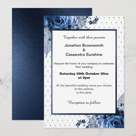 ELEGANT PATTERN BOUQUET FLORAL NAVY WEDING KAART (Voorkant / Achterkant)