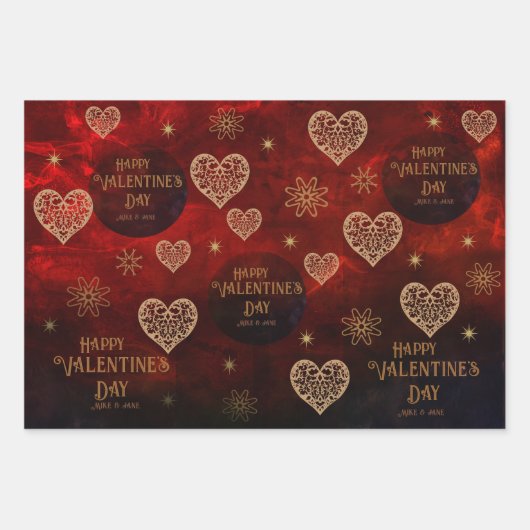Elegant Pattern Red Gold Hearts Valentijn Inpakpapier Vel (Voorkant)