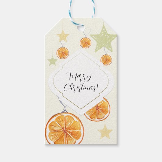 Elegant Pattern Sinaasappels en Sterren op Beige Cadeaulabel (Voorkant)