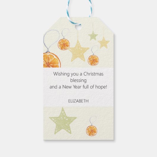 Elegant Pattern Sinaasappels en Sterren op Beige Cadeaulabel (Achterkant)