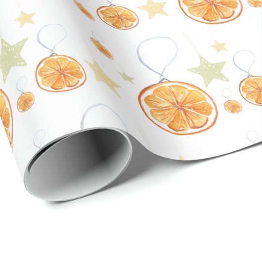 Elegant Pattern Sinaasappels en Sterren Op Winterw Cadeaupapier (Rol Hoek)