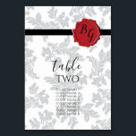 Elegant Pattern & Wax Seal Wedding Guest Names Kaart<br><div class="desc">Dit ontwerp is voorzien van een elegant bladpatroon en een gepersonaliseerd afbeelding van de waszegel. Het grijze blad waarop de achtergrond is geplakt, contrasteert met het zwarte lint en de rode was. De combinatie van grijze, rode, zwarte en witte kleuren creëer een geavanceerde, trendy en chic stijl. Elegant het aantalontwerp...</div>