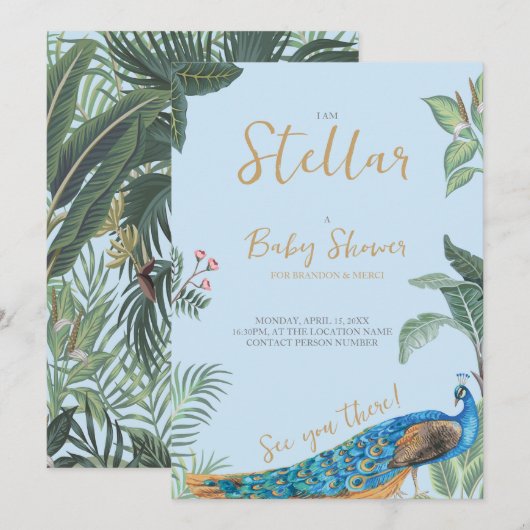 Elegant pauw baby shower kaart (Voorkant / Achterkant)