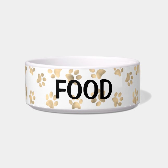 Elegant Paw Print White & Gold Food Cat of Dog Voerbakje (Voorkant)