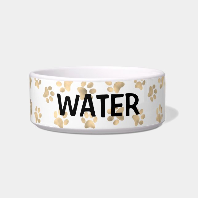Elegant Paw Print White & Gold Water Cat of Dog Voerbakje (Voorkant)