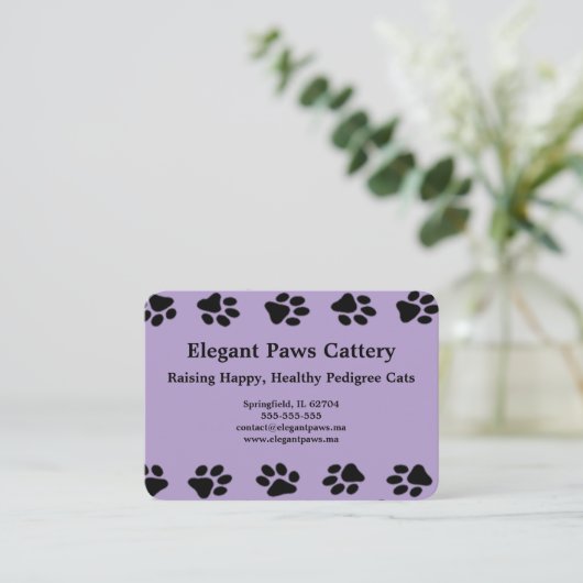 Elegant Paws Cattery Business Card with Paw Print  Visitekaartje (Staand voorkant)