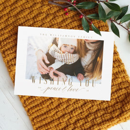 Elegant Peace & Love Gold Typografie Foto Feestdagenkaart